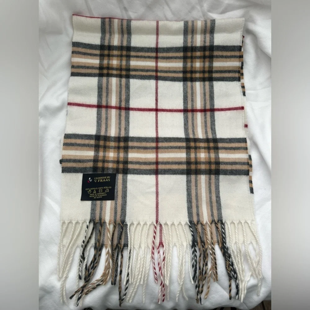 FRAAS CASHMINK Fringe Scarf Unisex Men & Women Plaid Cream Black Red Tan 11x59